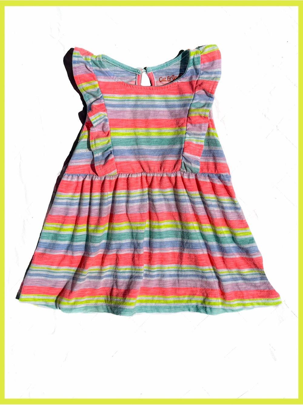 Cat & Jack Girls Rainbow Stripe Knit Dress Ruffle Flutter Sleeve Size 3 Girl